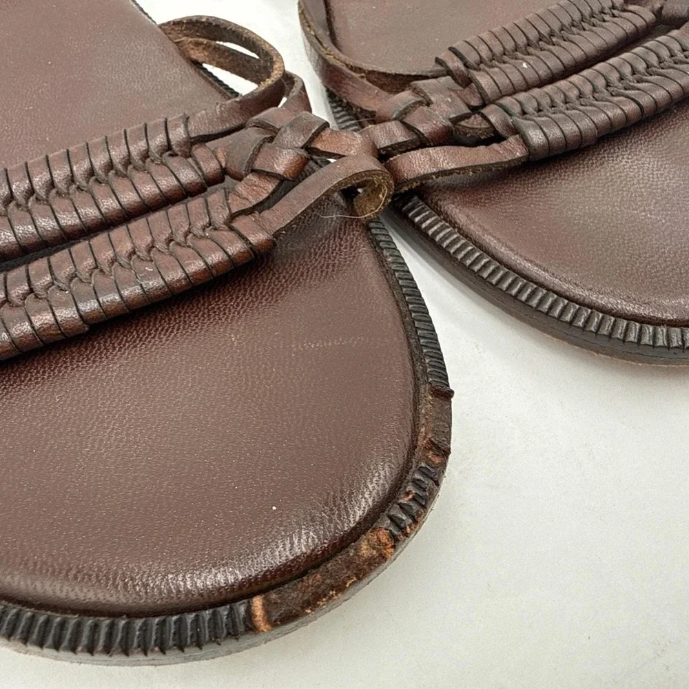 VTG Y2K Brown Leather Lace Up Gladiator Sandals Artisan Boho Wrap Tie Flat Shoes